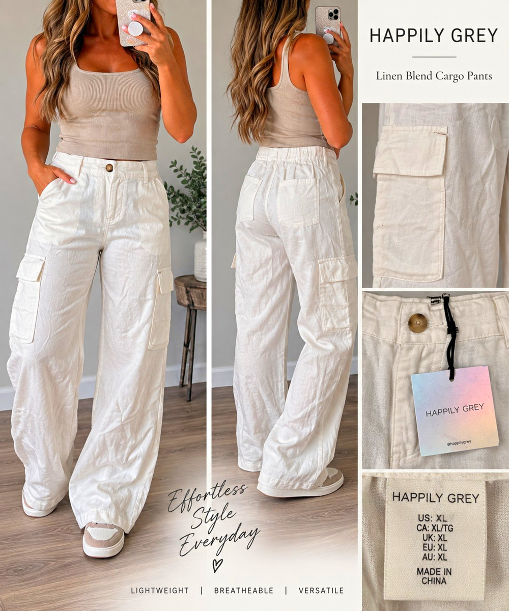 Happily Grey Linen Blend Cargo Pants Womens XL White Wide Leg Utility NWT